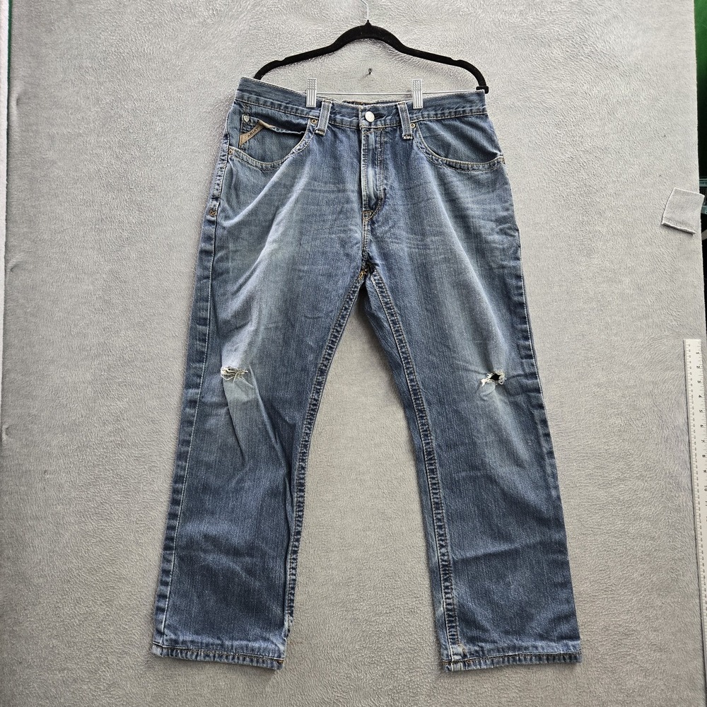 Ariat Men Jeans 35X32 Blue Denim Western Distressed Contrast Stitching 28"